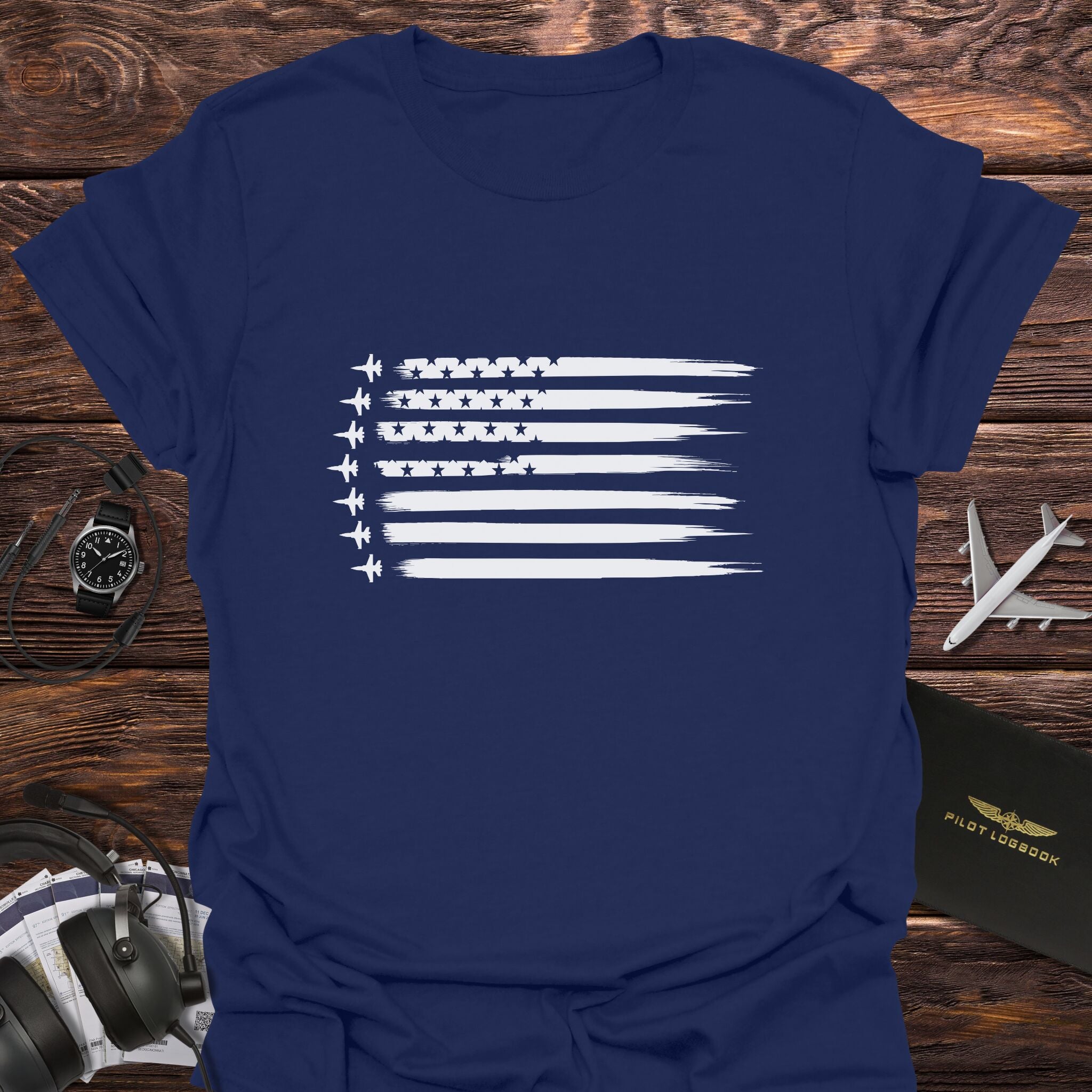 Fighter Jet American Flag Horizontal T-Shirt