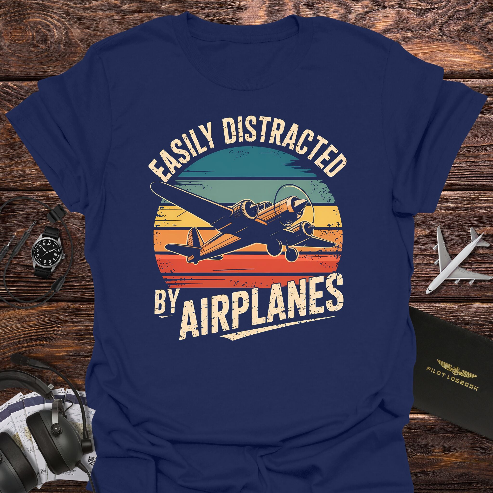 Easily Distracted by Airplanes Retro Sunset T-Shirt