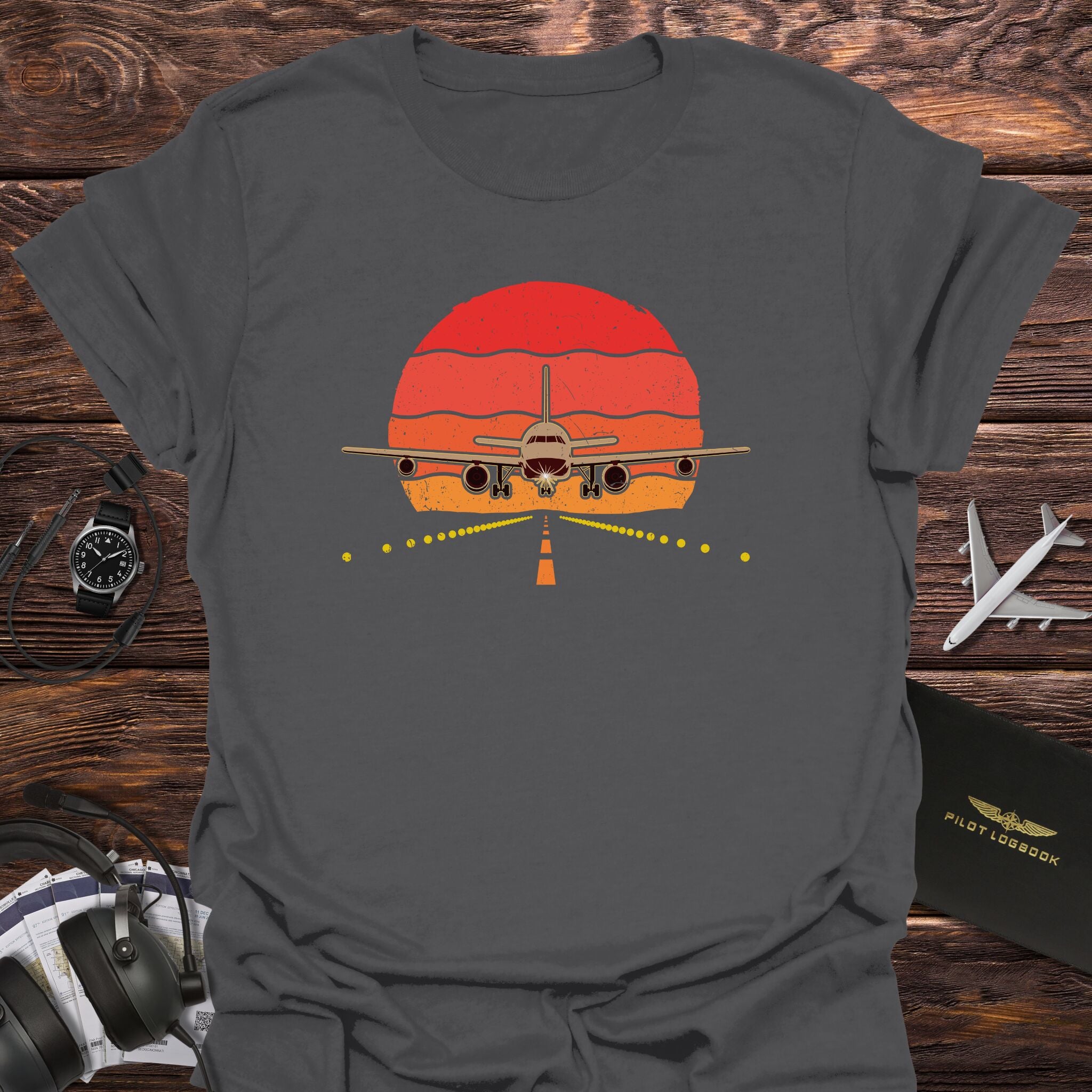 Retro Sunset Airplane Landing T-Shirt