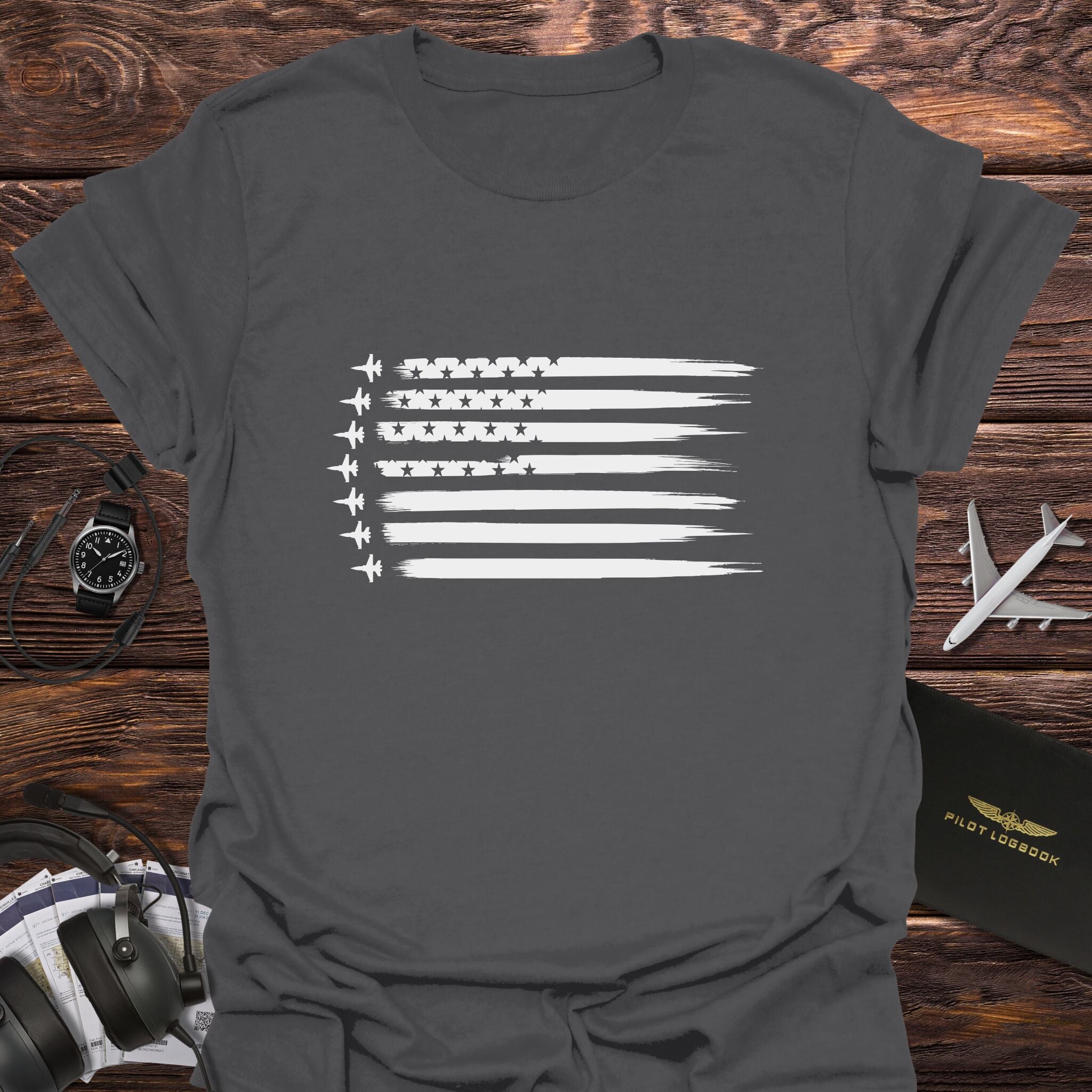 Fighter Jet American Flag Horizontal T-Shirt