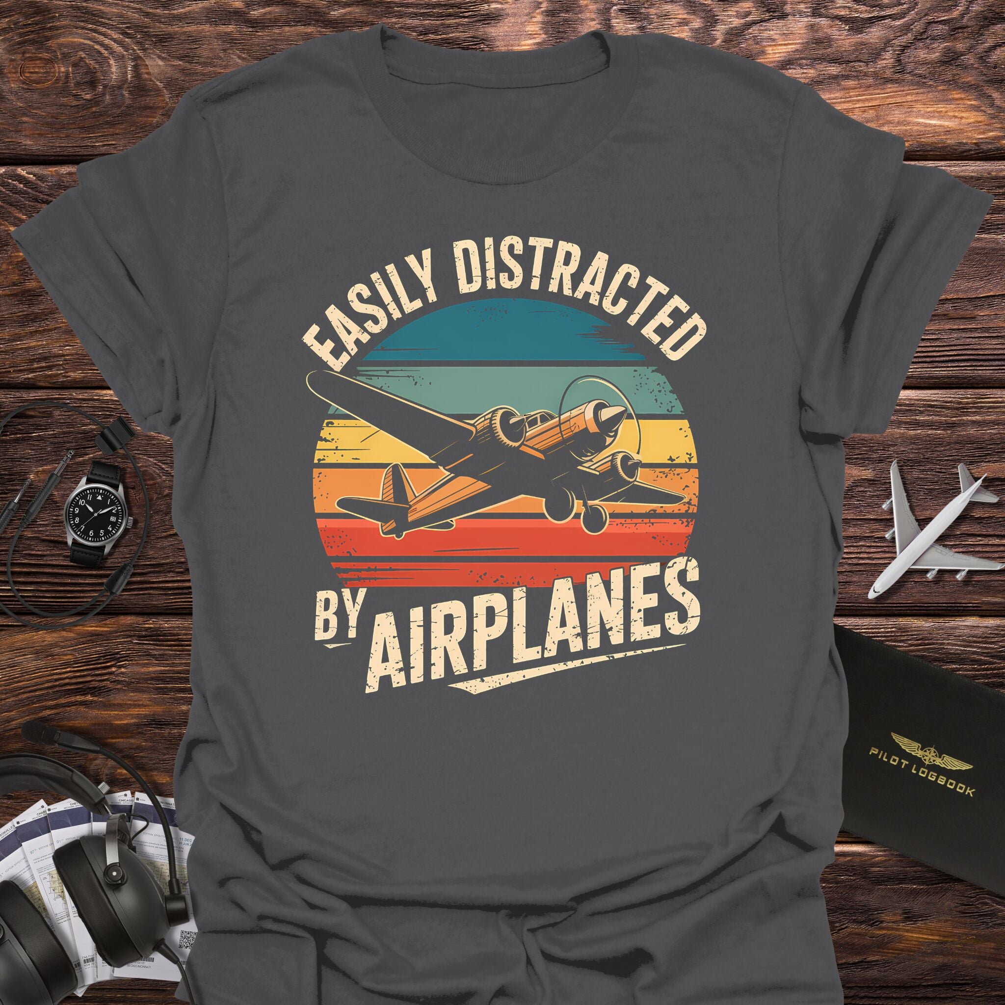 Easily Distracted by Airplanes Retro Sunset T-Shirt