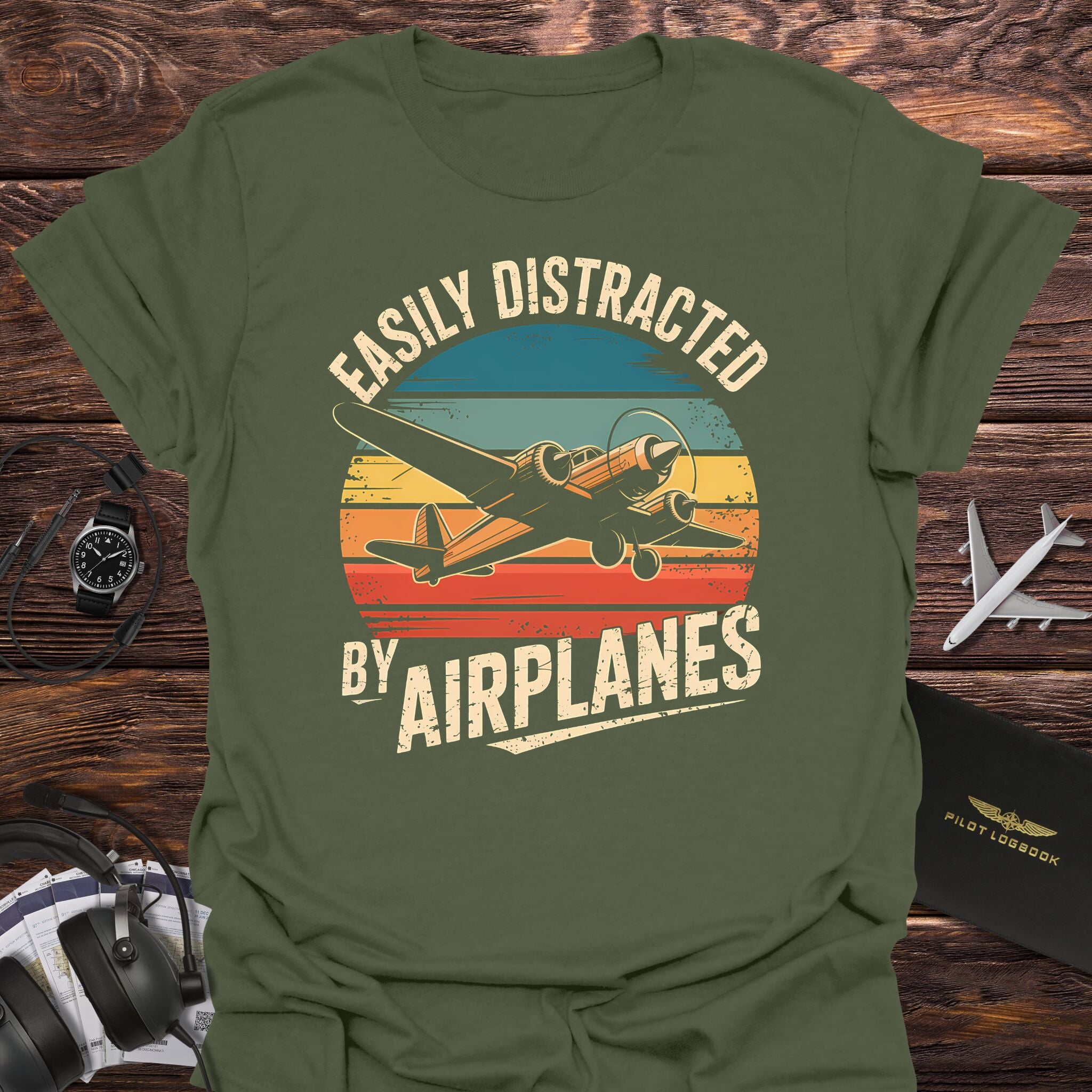 Easily Distracted by Airplanes Retro Sunset T-Shirt