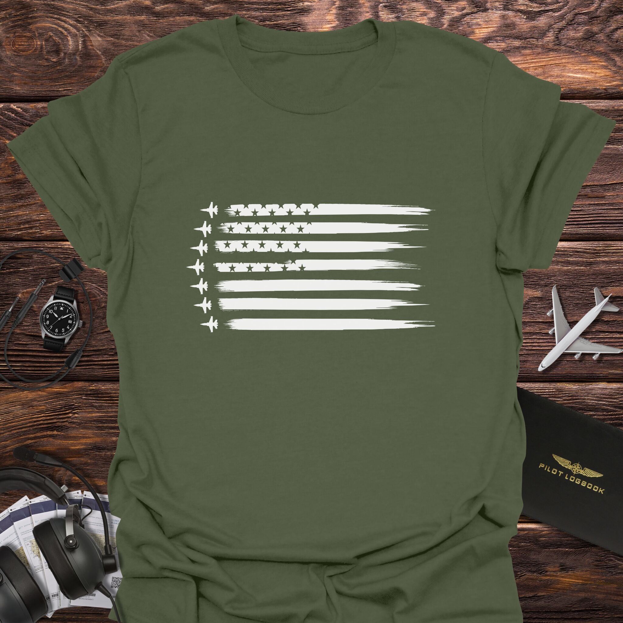 Fighter Jet American Flag Horizontal T-Shirt