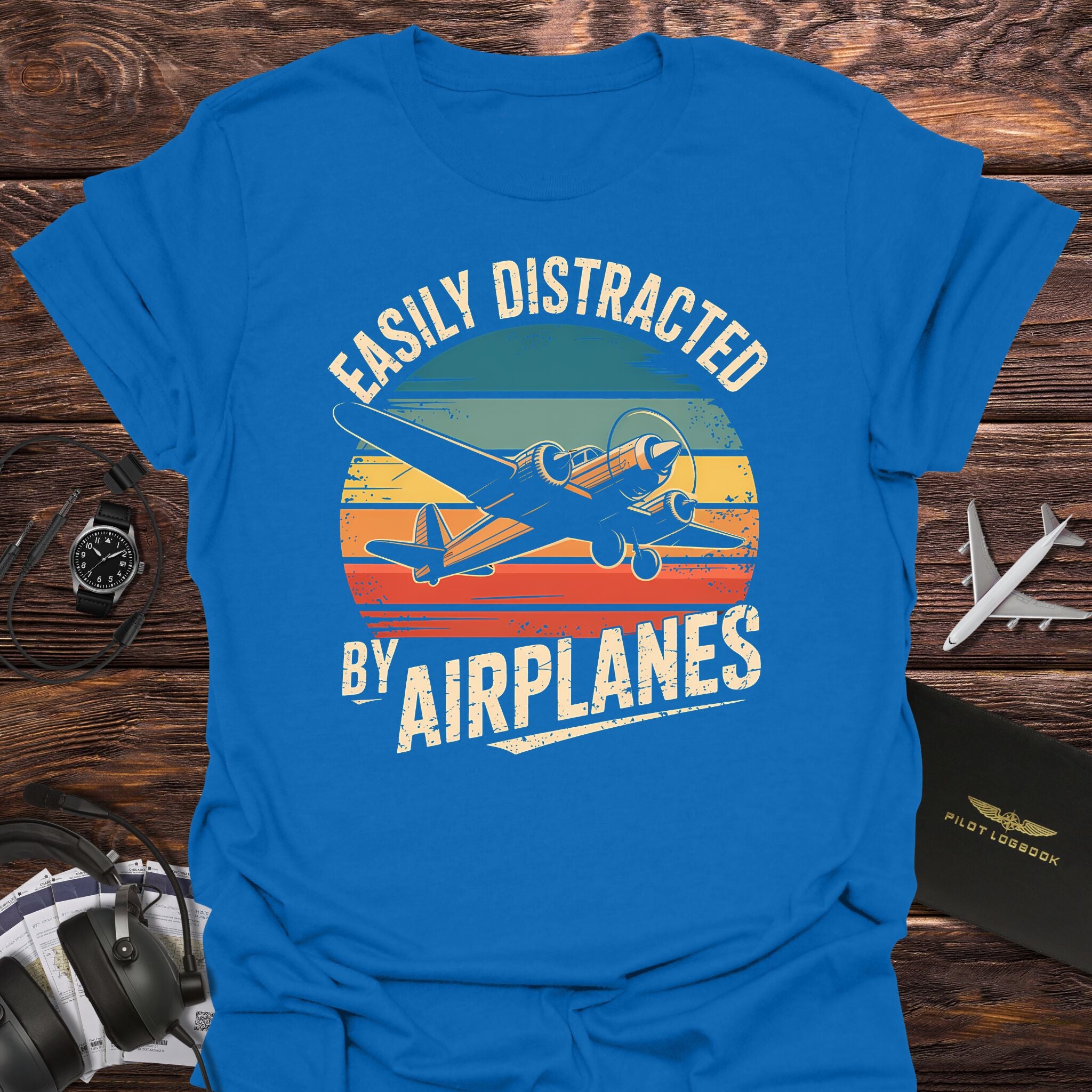 Easily Distracted by Airplanes Retro Sunset T-Shirt