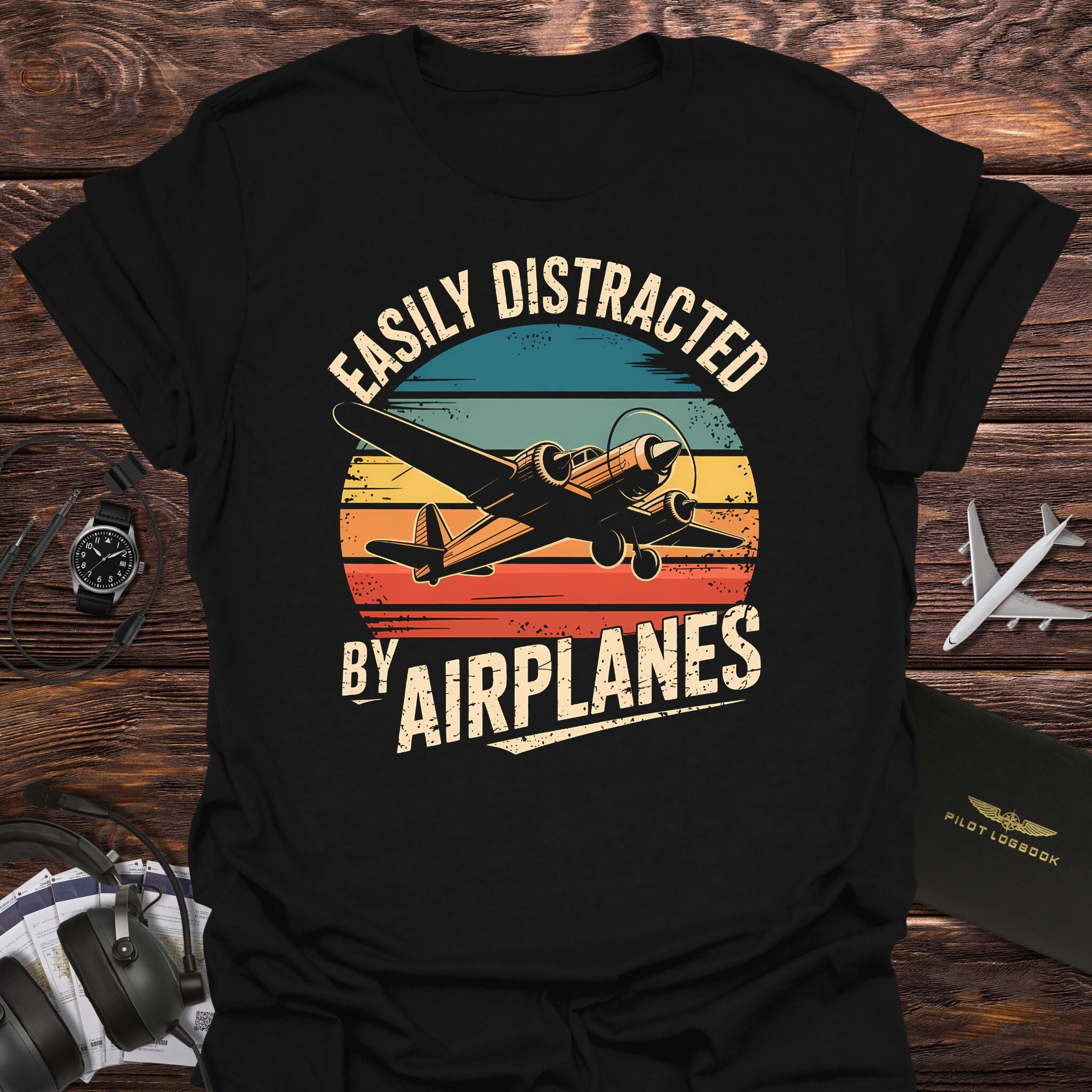 Easily Distracted by Airplanes Retro Sunset T-Shirt