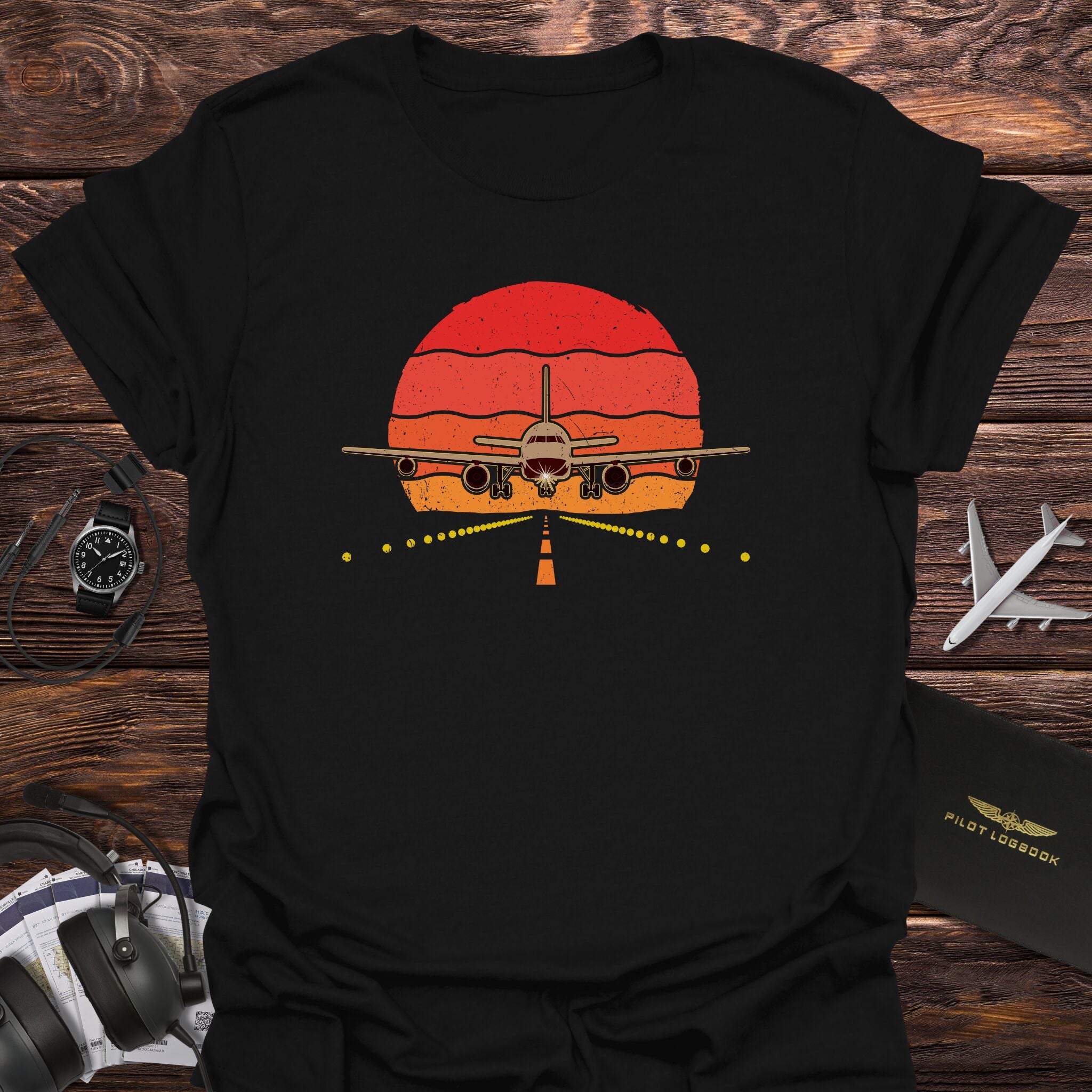 Retro Sunset Airplane Landing T-Shirt