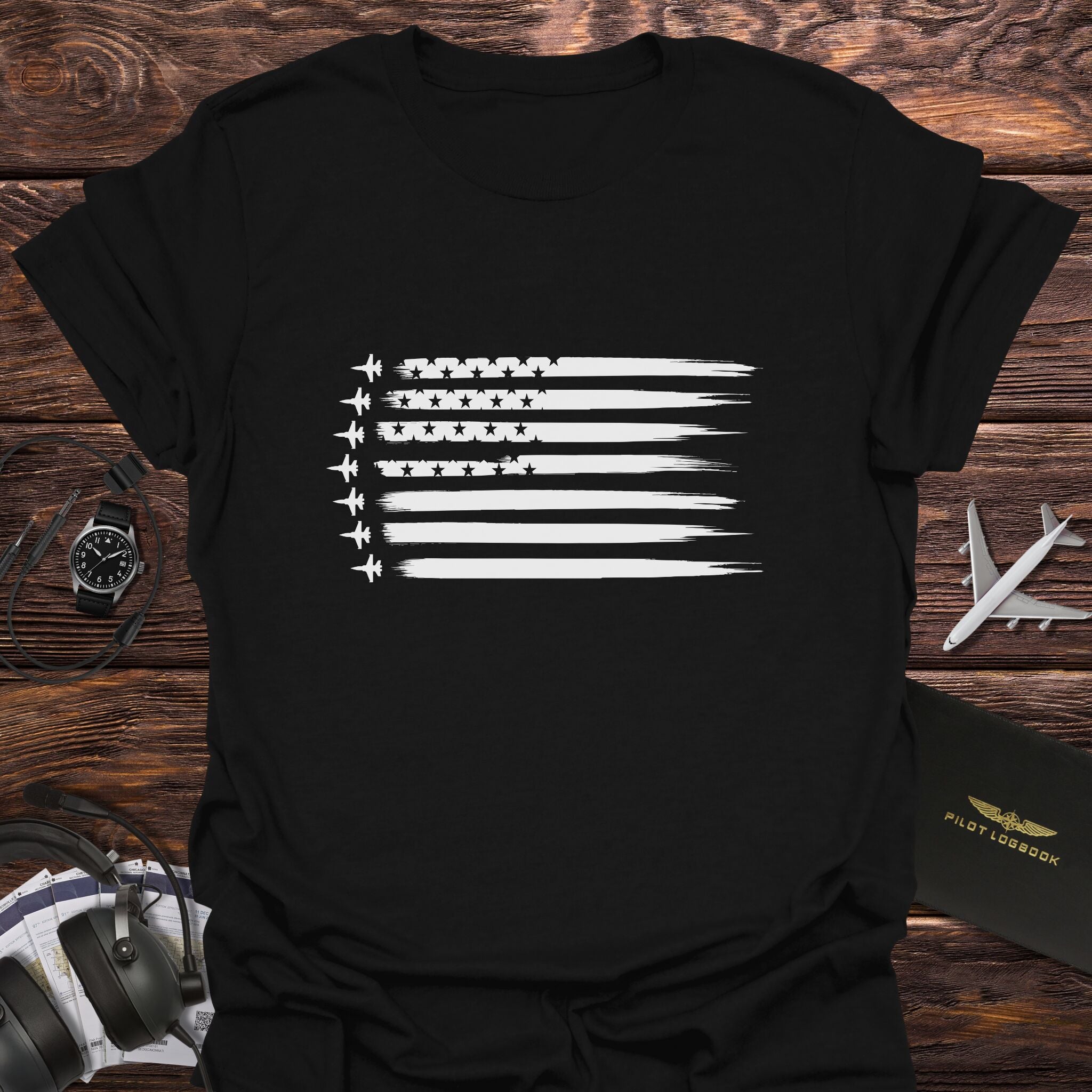 Fighter Jet American Flag Horizontal T-Shirt